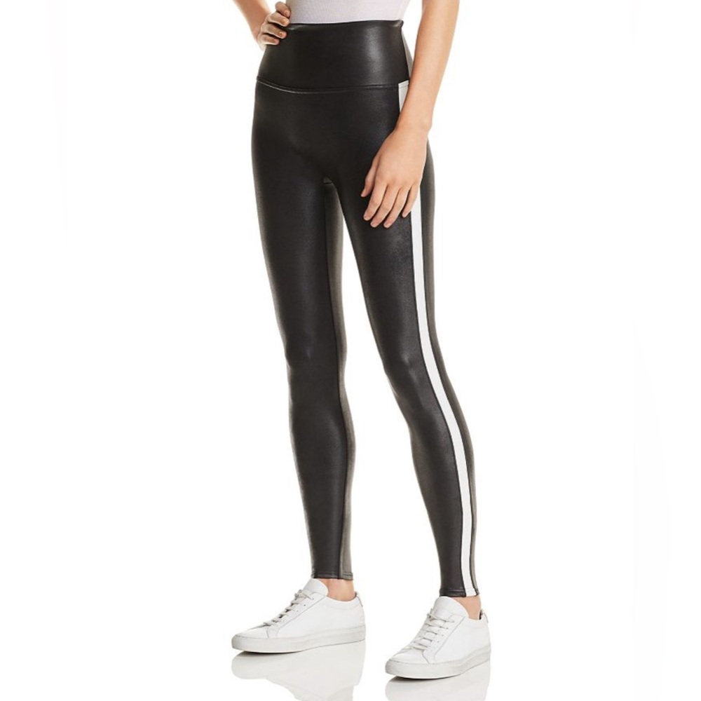 Spanx High Rise Faux Leather Stripe Leggings Black White Large